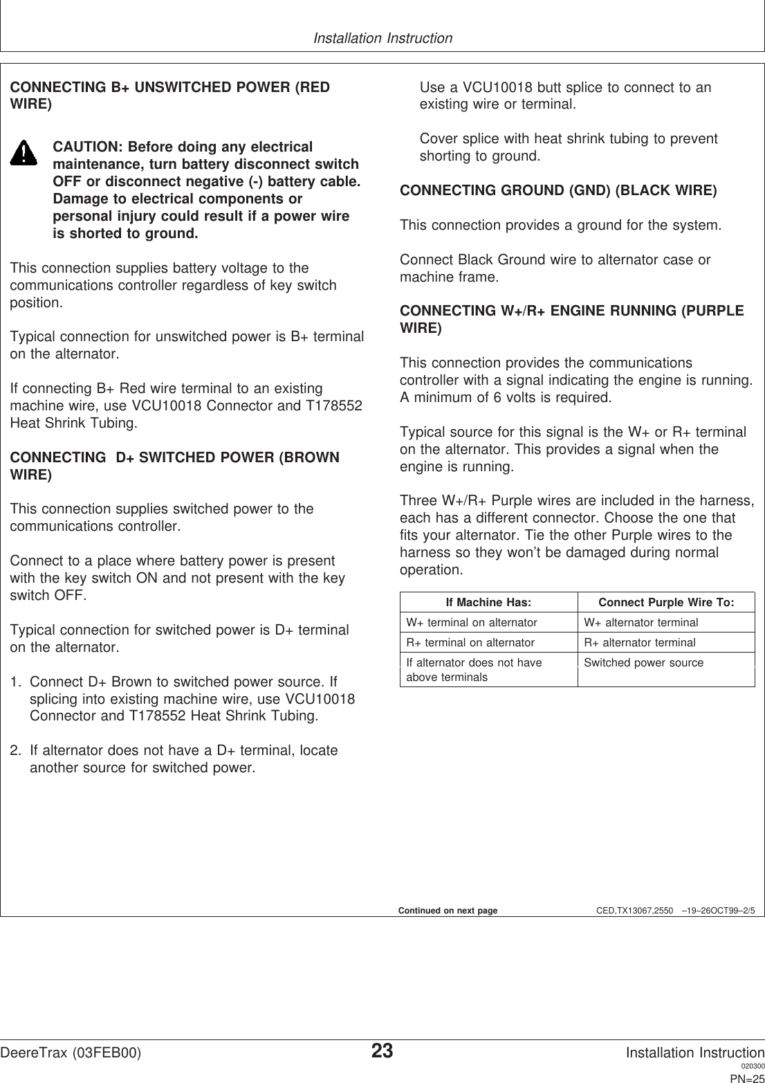 Installation InstructionCED,TX13067,2550 –19–26OCT99–2/5CONNECTING B+ UNSWITCHED POWER (REDWIRE)CAUTION: Before doing any electricalmaintenance, turn battery disconnect switchOFF or disconnect negative (-) battery cable.Damage to electrical components orpersonal injury could result if a power wireis shorted to ground.This connection supplies battery voltage to thecommunications controller regardless of key switchposition.Typical connection for unswitched power is B+ terminalon the alternator.If connecting B+ Red wire terminal to an existingmachine wire, use VCU10018 Connector and T178552Heat Shrink Tubing.CONNECTING D+ SWITCHED POWER (BROWNWIRE)This connection supplies switched power to thecommunications controller.Connect to a place where battery power is presentwith the key switch ON and not present with the keyswitch OFF.Typical connection for switched power is D+ terminalon the alternator.1. Connect D+ Brown to switched power source. Ifsplicing into existing machine wire, use VCU10018Connector and T178552 Heat Shrink Tubing.2. If alternator does not have a D+ terminal, locateanother source for switched power.Use a VCU10018 butt splice to connect to anexisting wire or terminal.Cover splice with heat shrink tubing to preventshorting to ground.CONNECTING GROUND (GND) (BLACK WIRE)This connection provides a ground for the system.Connect Black Ground wire to alternator case ormachine frame.CONNECTING W+/R+ ENGINE RUNNING (PURPLEWIRE)This connection provides the communicationscontroller with a signal indicating the engine is running.A minimum of 6 volts is required.Typical source for this signal is the W+ or R+ terminalon the alternator. This provides a signal when theengine is running.Three W+/R+ Purple wires are included in the harness,each has a different connector. Choose the one thatfits your alternator. Tie the other Purple wires to theharness so they won’t be damaged during normaloperation.If Machine Has: Connect Purple Wire To:W+ terminal on alternator W+ alternator terminalR+ terminal on alternator R+ alternator terminalIf alternator does not have Switched power sourceabove terminalsContinued on next pageDeereTrax (03FEB00)23Installation Instruction020300PN=25