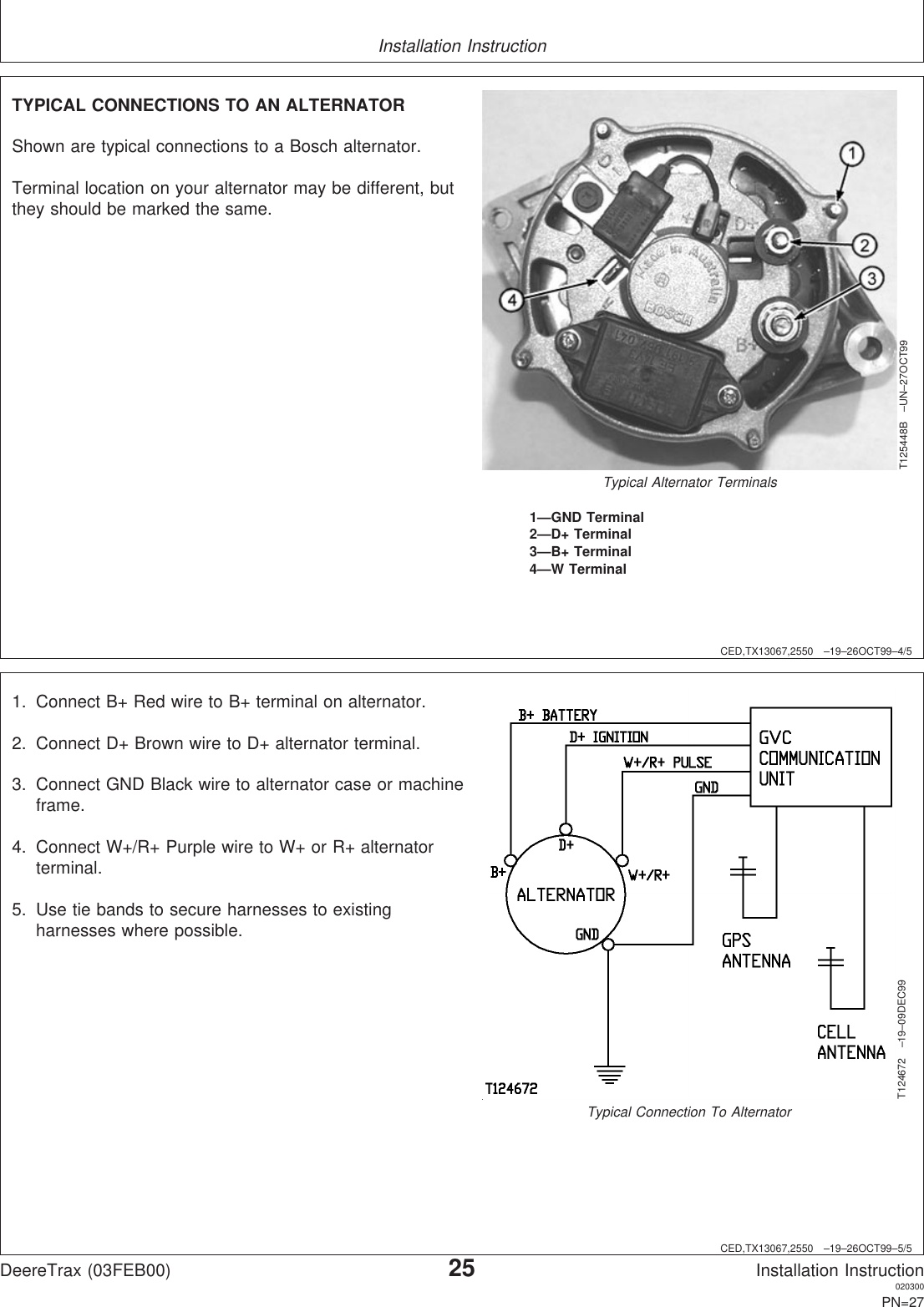 Installation InstructionCED,TX13067,2550 –19–26OCT99–4/5T125448B –UN–27OCT99Typical Alternator Terminals1—GND Terminal2—D+ Terminal3—B+ Terminal4—W TerminalTYPICAL CONNECTIONS TO AN ALTERNATORShown are typical connections to a Bosch alternator.Terminal location on your alternator may be different, butthey should be marked the same.CED,TX13067,2550 –19–26OCT99–5/5T124672 –19–09DEC99Typical Connection To Alternator1. Connect B+ Red wire to B+ terminal on alternator.2. Connect D+ Brown wire to D+ alternator terminal.3. Connect GND Black wire to alternator case or machineframe.4. Connect W+/R+ Purple wire to W+ or R+ alternatorterminal.5. Use tie bands to secure harnesses to existingharnesses where possible.DeereTrax (03FEB00)25Installation Instruction020300PN=27