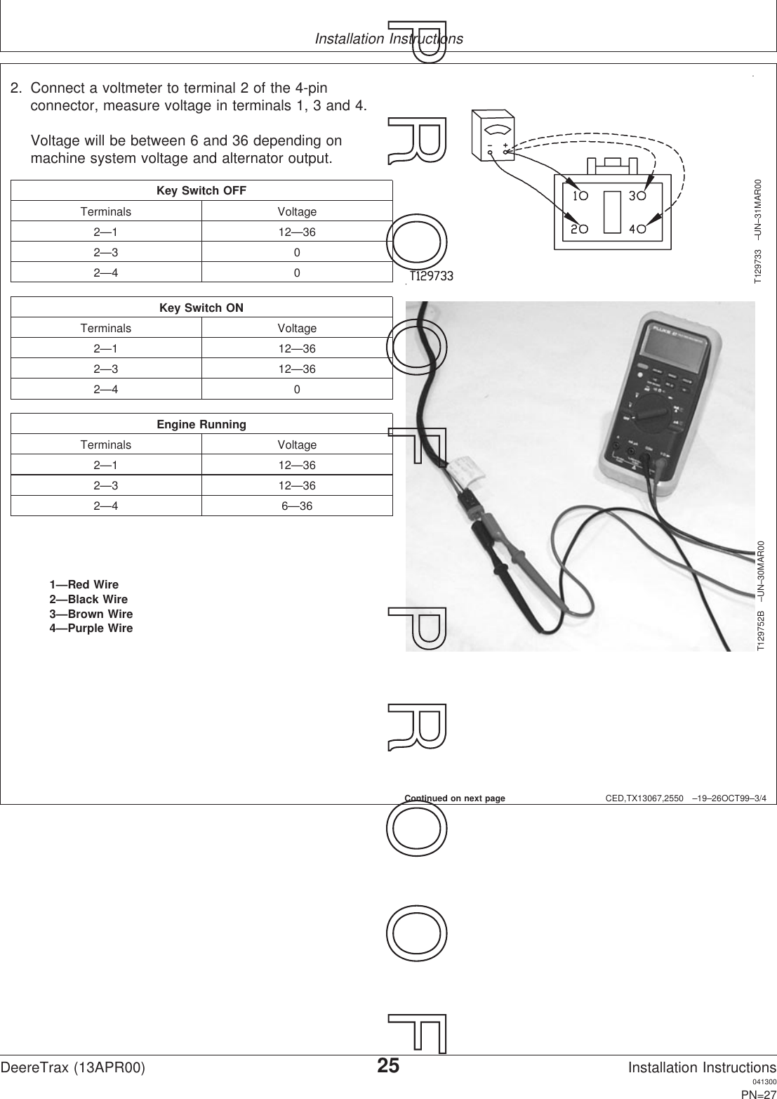 Installation InstructionsCED,TX13067,2550 –19–26OCT99–3/4T129733 –UN–31MAR00T129752B –UN–30MAR001—Red Wire2—Black Wire3—Brown Wire4—Purple Wire2. Connect a voltmeter to terminal 2 of the 4-pinconnector, measure voltage in terminals 1, 3 and 4.Voltage will be between 6 and 36 depending onmachine system voltage and alternator output.Key Switch OFFTerminals Voltage2—1 12—362—3 02—4 0Key Switch ONTerminals Voltage2—1 12—362—3 12—362—4 0Engine RunningTerminals Voltage2—1 12—362—3 12—362—4 6—36Continued on next pageDeereTrax (13APR00)25Installation Instructions041300PN=27P  R  O  O  F      P  R  O  O  F