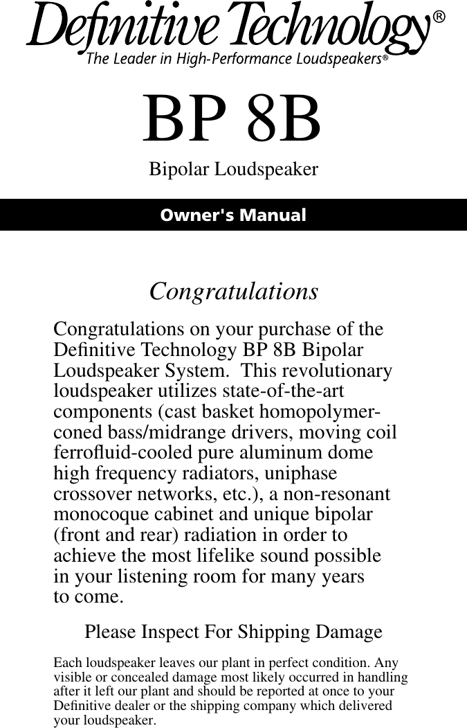 Definitive Technology Bp 8B Users Manual BP8B_Manual