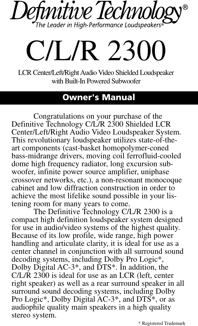 Page 1 of 10 - Definitive-Technology Definitive-Technology-C-L-R-2300-Users-Manual- CLR2300_Manual  Definitive-technology-c-l-r-2300-users-manual