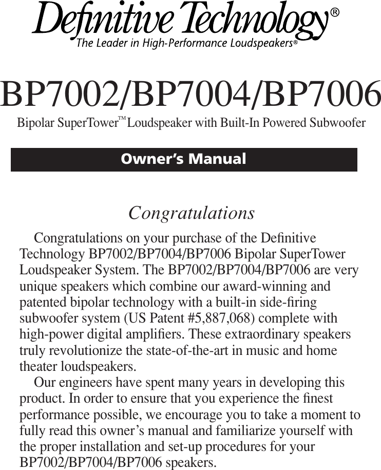 Page 1 of 12 - Definitive-Technology Definitive-Technology-Definitive-Bp7002-Users-Manual- BP7002_7004_7006_Manual  Definitive-technology-definitive-bp7002-users-manual