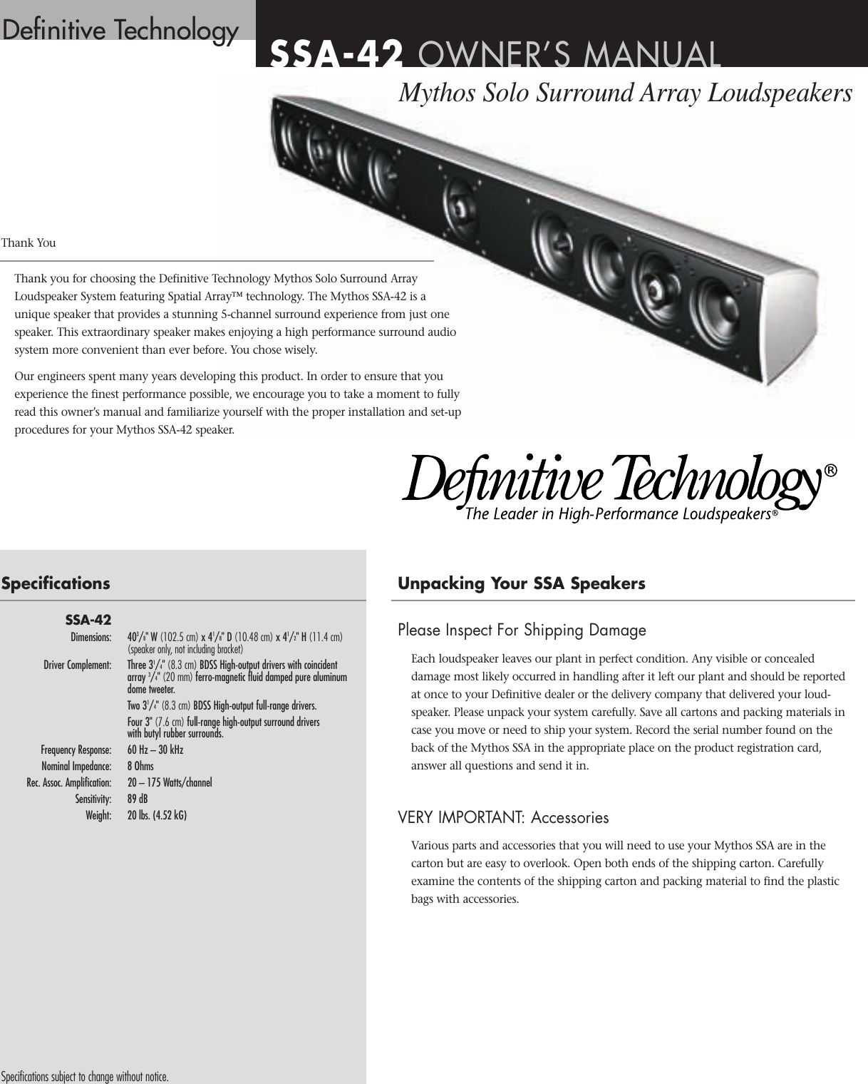 Page 1 of 4 - Definitive-Technology Definitive-Technology-Definitive-Technology-Speaker-Mythos-Solo-Surround-Array-Loudspeakers-Users-Manual-  Definitive-technology-definitive-technology-speaker-mythos-solo-surround-array-loudspeakers-users-manual