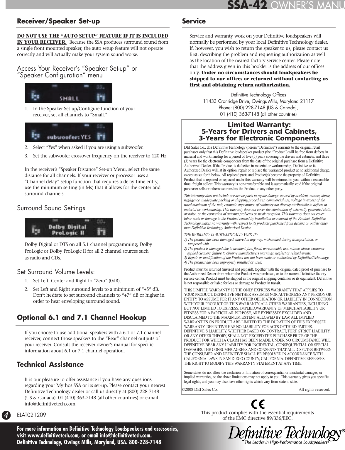 Page 4 of 4 - Definitive-Technology Definitive-Technology-Definitive-Technology-Speaker-Mythos-Solo-Surround-Array-Loudspeakers-Users-Manual-  Definitive-technology-definitive-technology-speaker-mythos-solo-surround-array-loudspeakers-users-manual