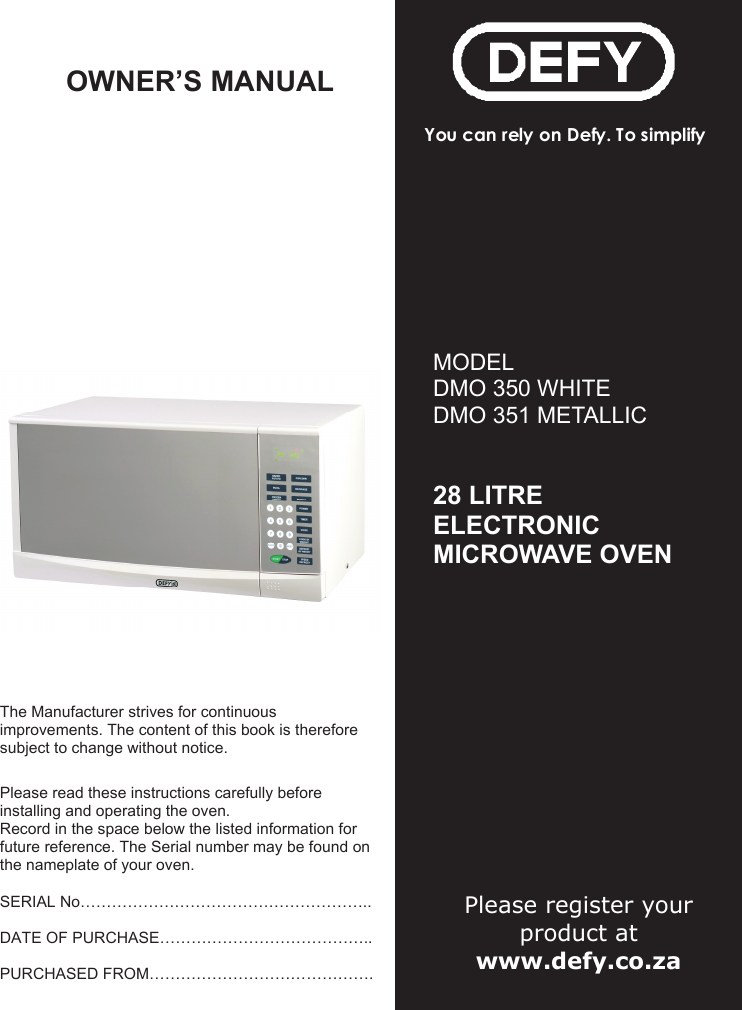 Defy 28 Litre Electric Microwave Oven Dmo 350 White Users Manual And 351 ELECTRONIC GALANZ