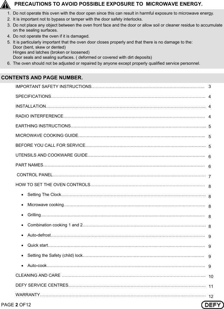 Page 2 of 12 - Defy Defy-34-Litre-Microwave-Oven-With-Grill-Dmo-343-Users-Manual- DMO 343 34 LITRE GRILL GALANZ  Defy-34-litre-microwave-oven-with-grill-dmo-343-users-manual