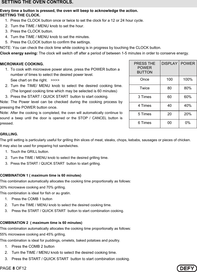 Page 8 of 12 - Defy Defy-34-Litre-Microwave-Oven-With-Grill-Dmo-343-Users-Manual- DMO 343 34 LITRE GRILL GALANZ  Defy-34-litre-microwave-oven-with-grill-dmo-343-users-manual