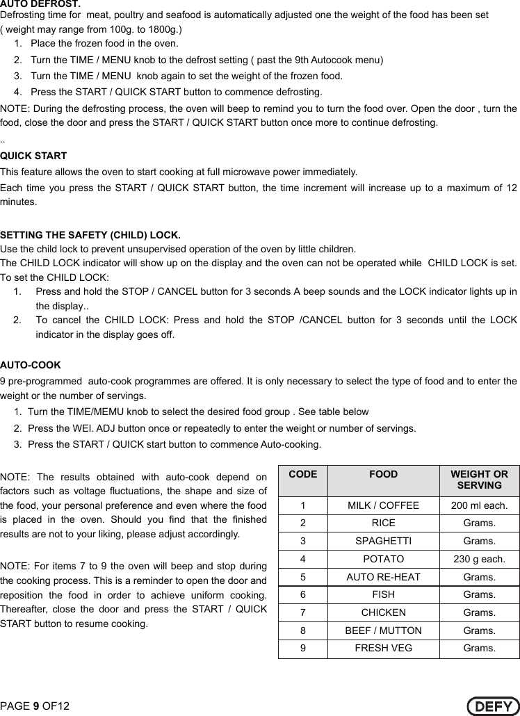 Page 9 of 12 - Defy Defy-34-Litre-Microwave-Oven-With-Grill-Dmo-343-Users-Manual- DMO 343 34 LITRE GRILL GALANZ  Defy-34-litre-microwave-oven-with-grill-dmo-343-users-manual