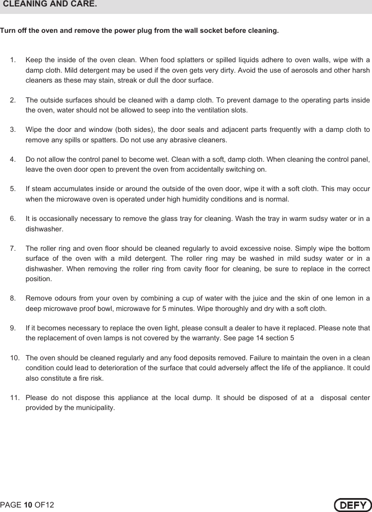 Page 10 of 12 - Defy Defy-38-Litre-Microwave-Oven-Dmo-353-Users-Manual- DMO 353 38 LITRE ELECTRONIC GALANZ  Defy-38-litre-microwave-oven-dmo-353-users-manual