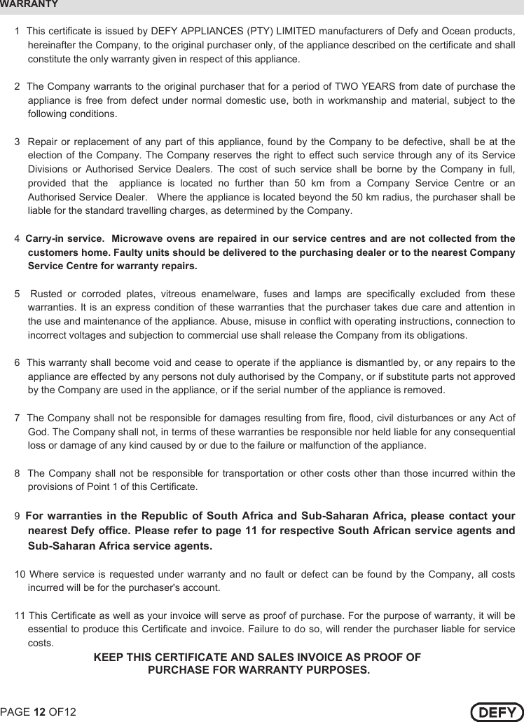 Page 12 of 12 - Defy Defy-38-Litre-Microwave-Oven-Dmo-353-Users-Manual- DMO 353 38 LITRE ELECTRONIC GALANZ  Defy-38-litre-microwave-oven-dmo-353-users-manual