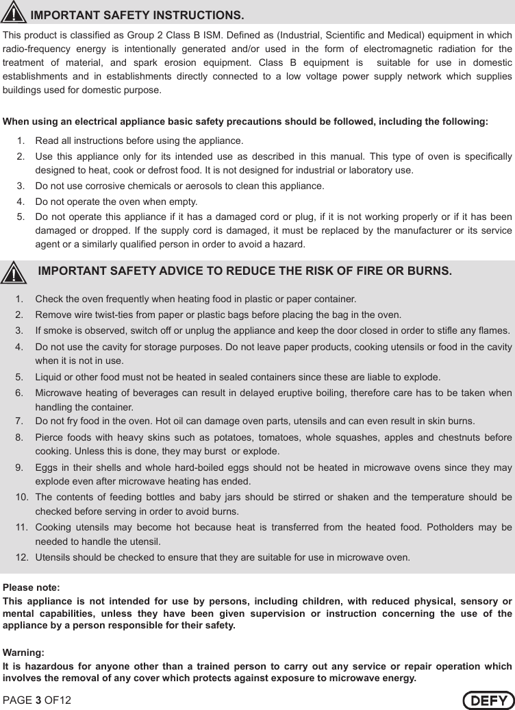 Page 3 of 12 - Defy Defy-38-Litre-Microwave-Oven-Dmo-353-Users-Manual- DMO 353 38 LITRE ELECTRONIC GALANZ  Defy-38-litre-microwave-oven-dmo-353-users-manual