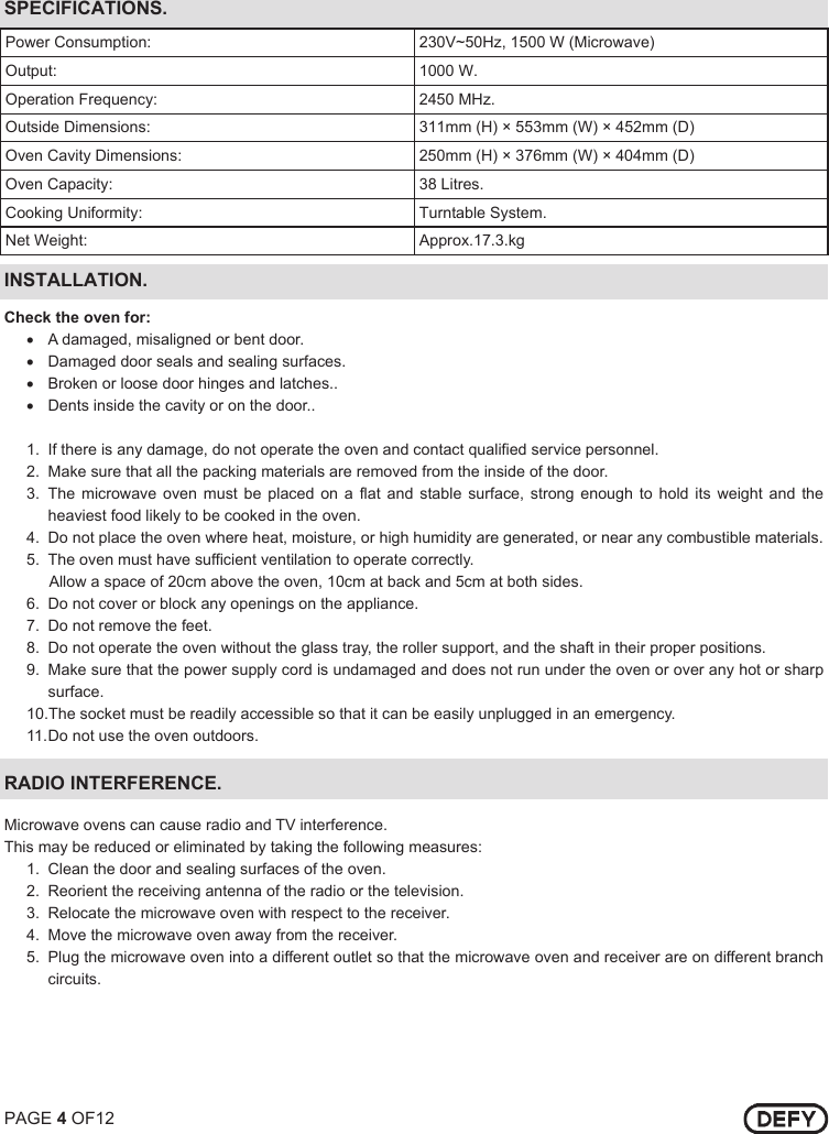 Page 4 of 12 - Defy Defy-38-Litre-Microwave-Oven-Dmo-353-Users-Manual- DMO 353 38 LITRE ELECTRONIC GALANZ  Defy-38-litre-microwave-oven-dmo-353-users-manual