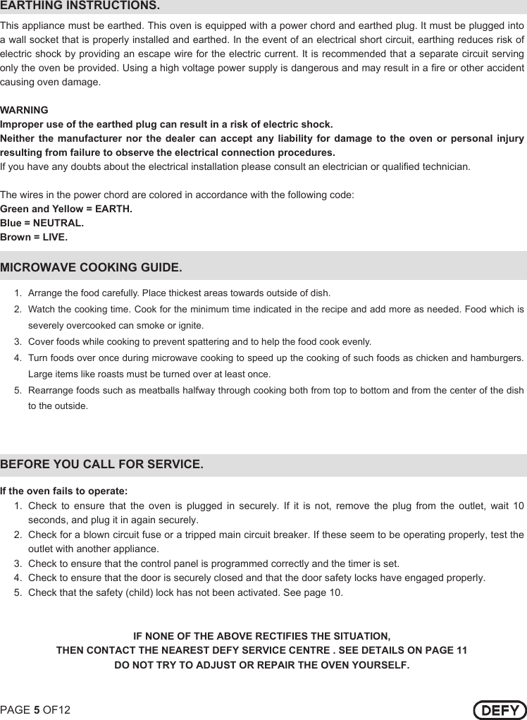 Page 5 of 12 - Defy Defy-38-Litre-Microwave-Oven-Dmo-353-Users-Manual- DMO 353 38 LITRE ELECTRONIC GALANZ  Defy-38-litre-microwave-oven-dmo-353-users-manual
