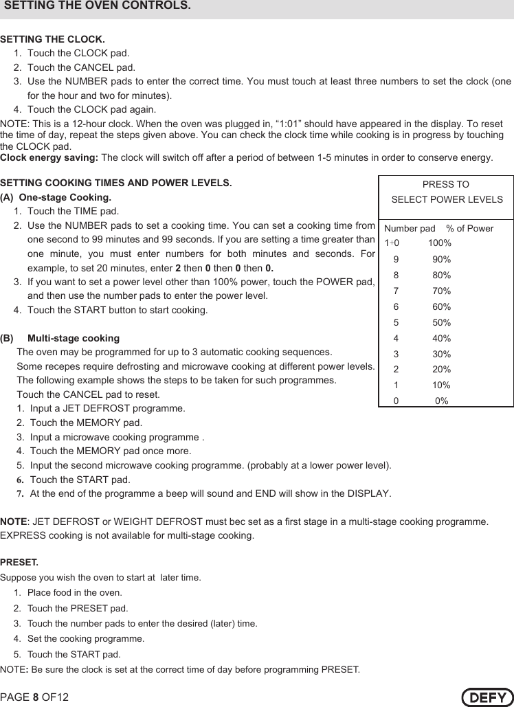 Page 8 of 12 - Defy Defy-38-Litre-Microwave-Oven-Dmo-353-Users-Manual- DMO 353 38 LITRE ELECTRONIC GALANZ  Defy-38-litre-microwave-oven-dmo-353-users-manual