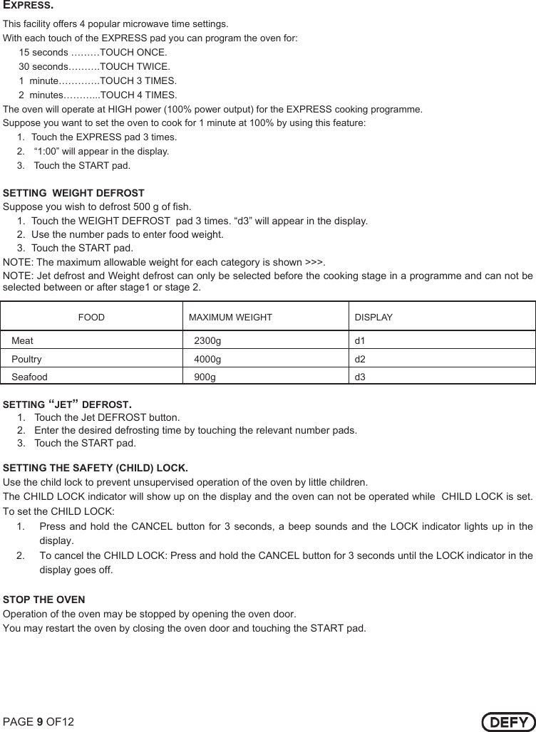 Page 9 of 12 - Defy Defy-38-Litre-Microwave-Oven-Dmo-353-Users-Manual- DMO 353 38 LITRE ELECTRONIC GALANZ  Defy-38-litre-microwave-oven-dmo-353-users-manual