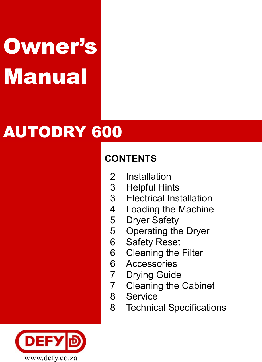 Page 1 of 8 - Defy Defy-Autodry-600-Dryer-Autodry-600-Users-Manual- 2 Installation  Defy-autodry-600-dryer-autodry-600-users-manual