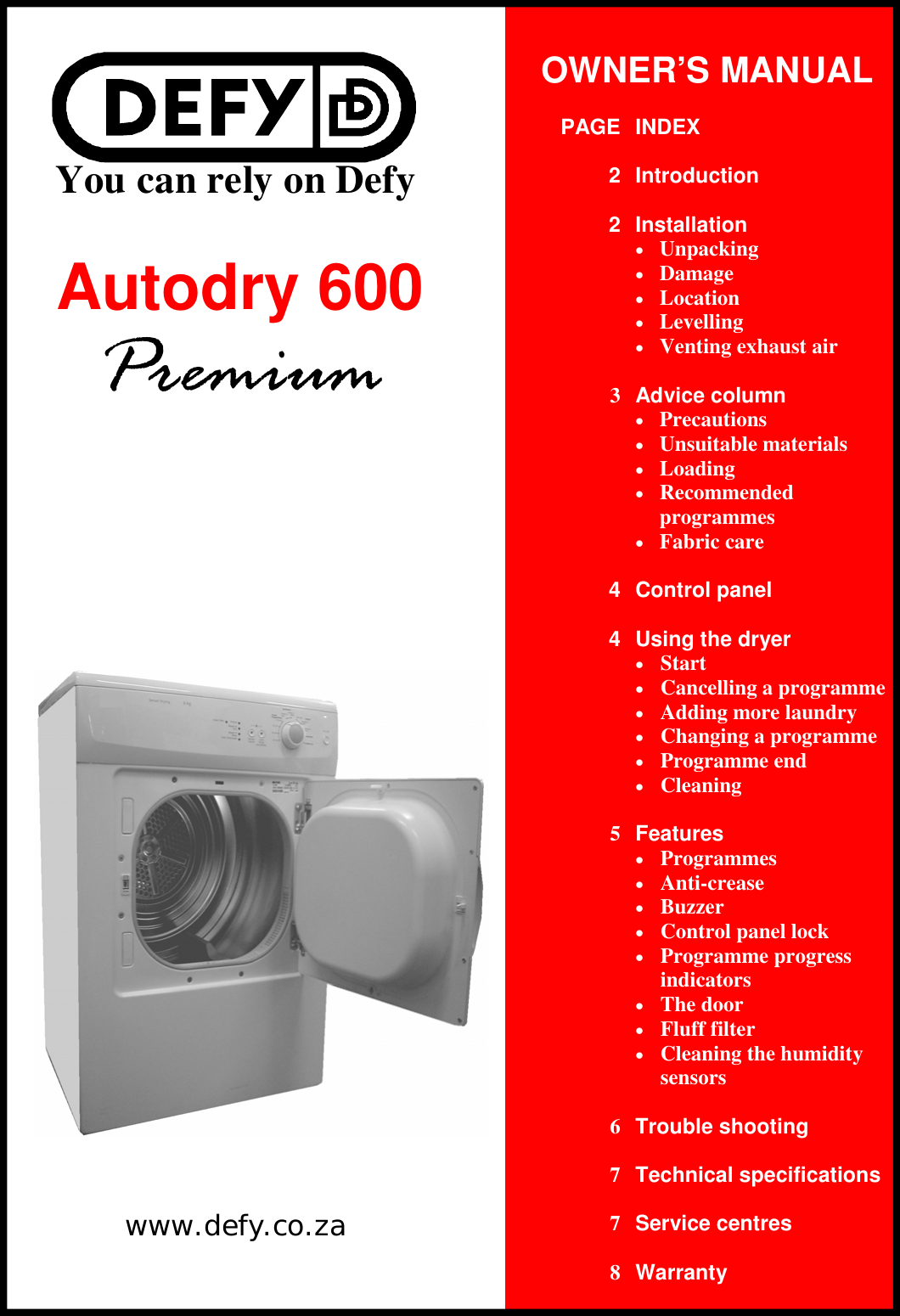 Page 1 of 8 - Defy Defy-Automaid-600-Users-Manual- Autodry Premium 2006 2YW  Defy-automaid-600-users-manual