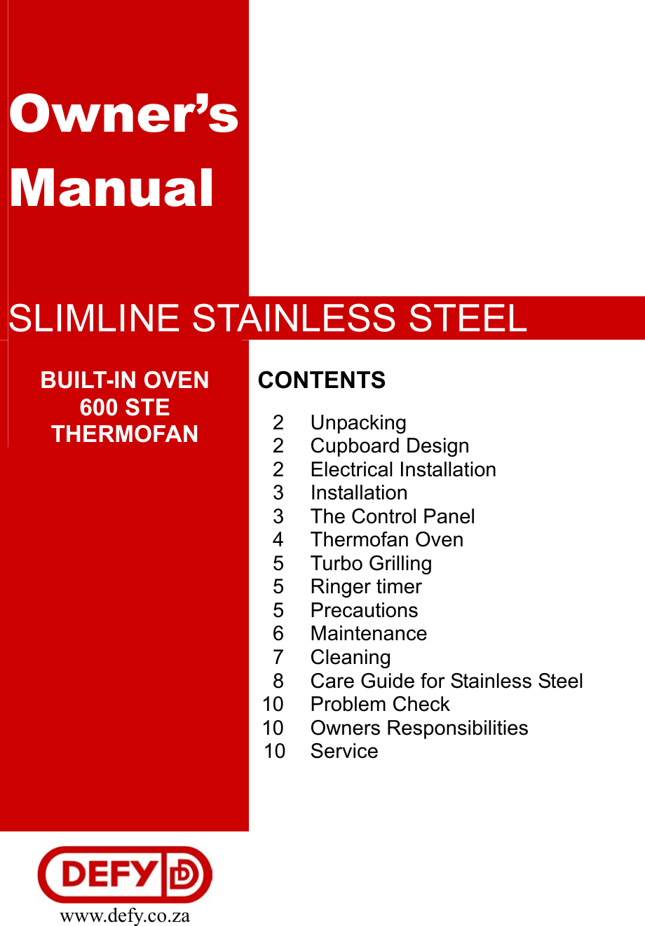 Page 1 of 10 - Defy Defy-Built-In-Oven-600-Ste-Users-Manual- Unpacking  Defy-built-in-oven-600-ste-users-manual