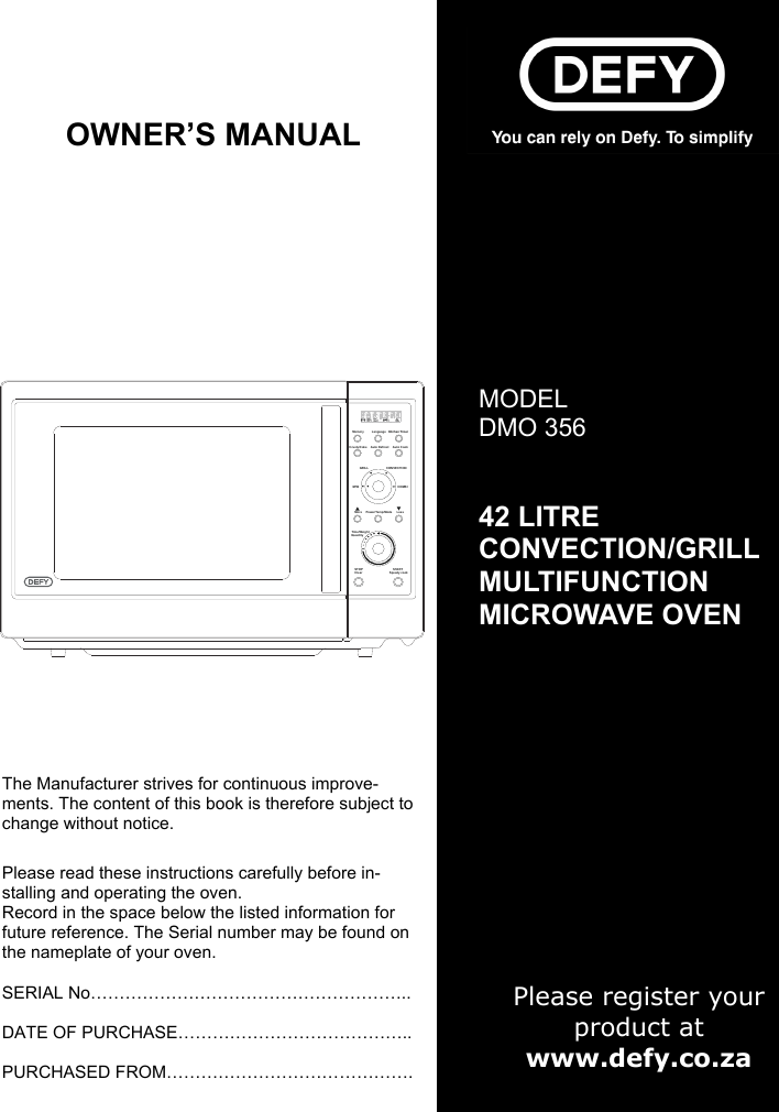 Defy 42l Convection/grill Microwave Oven Manual informacionpublica
