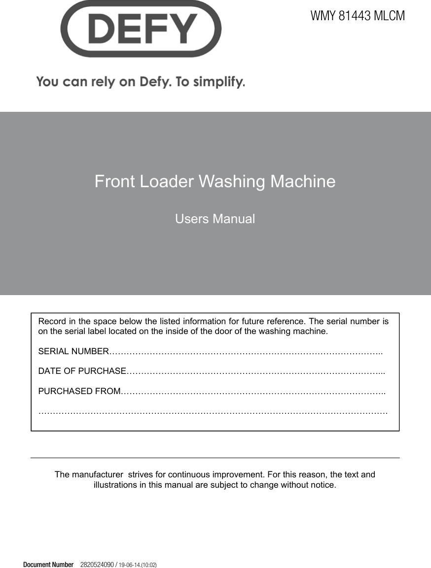 Defy Front Loader Washing Machine Wmy 81443 Mlcm Users Manual
