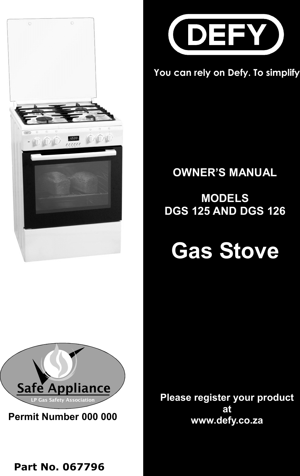 Defy Gas Stove Dgs 125 And 126 Users Manual 067 796 125.126.GAS GLASS LID