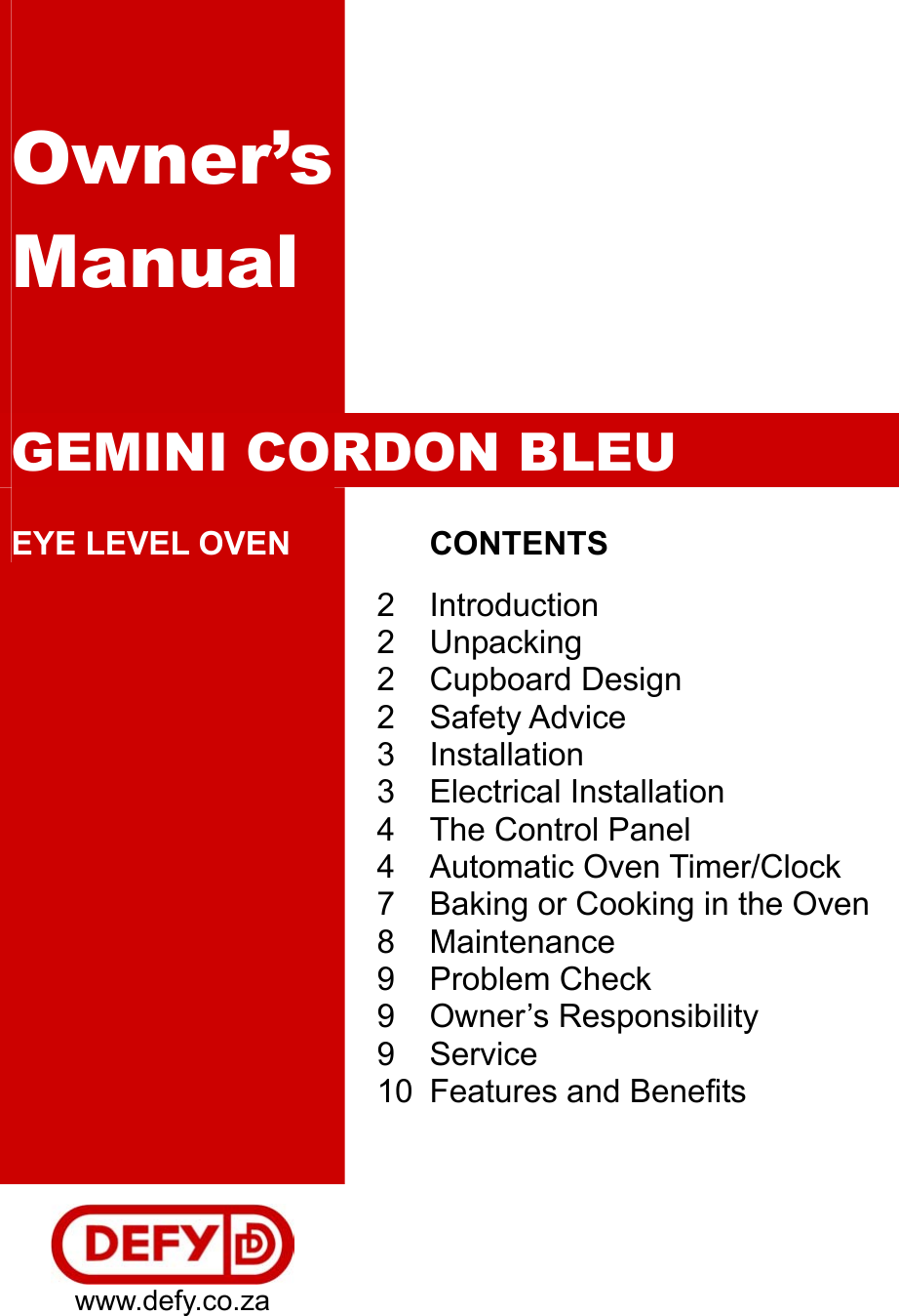 Page 1 of 10 - Defy Defy-Gemini-Cordon-Bleu-Eye-Level-Oven-061-800-Users-Manual- Owner’s Manual  Defy-gemini-cordon-bleu-eye-level-oven-061-800-users-manual