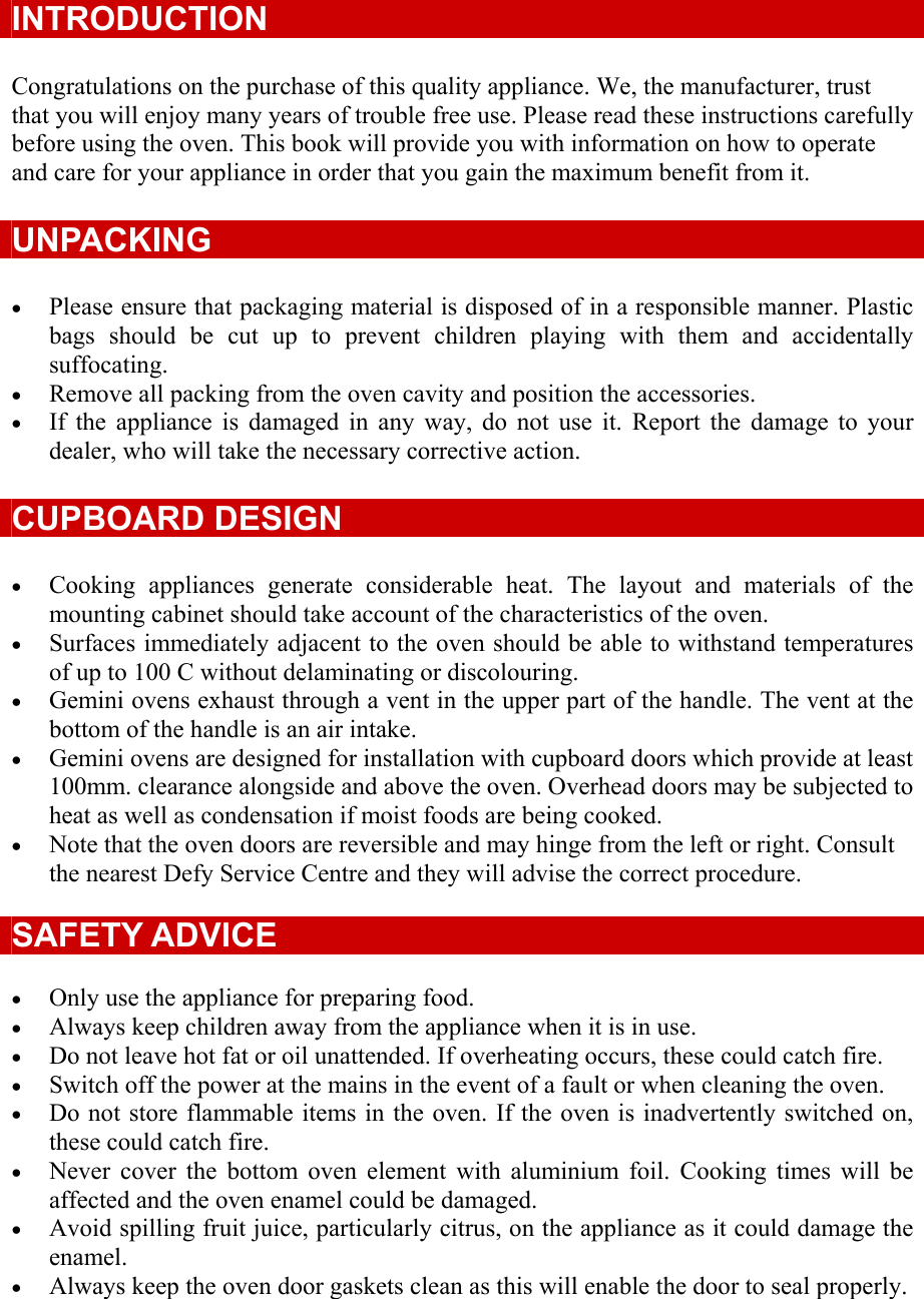 Page 2 of 10 - Defy Defy-Gemini-Cordon-Bleu-Eye-Level-Oven-061-800-Users-Manual- Owner’s Manual  Defy-gemini-cordon-bleu-eye-level-oven-061-800-users-manual