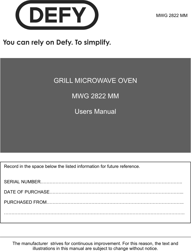 Defy Grill Microwave Oven Mwg 2822 Users Manual MM