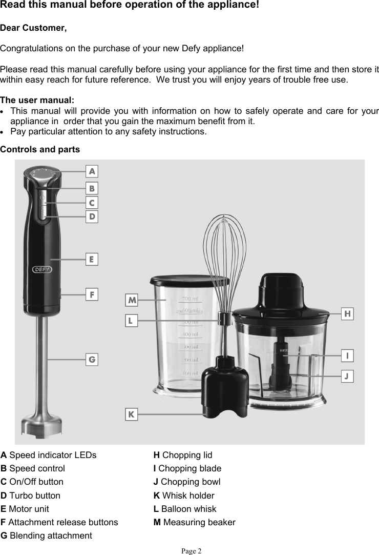 Page 2 of 10 - Defy Defy-Hand-Blender-Set-Hb7208-Users-Manual- HB7208 Defy-hand-blender-set-hb7208-users-manual
