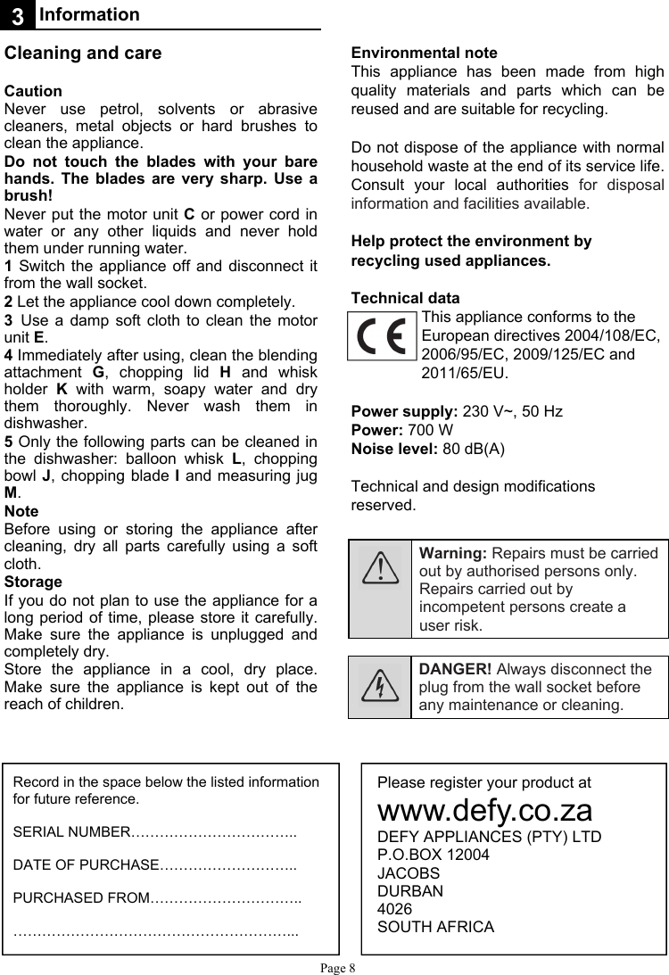 Page 8 of 10 - Defy Defy-Hand-Blender-Set-Hb7208-Users-Manual- HB7208 Defy-hand-blender-set-hb7208-users-manual