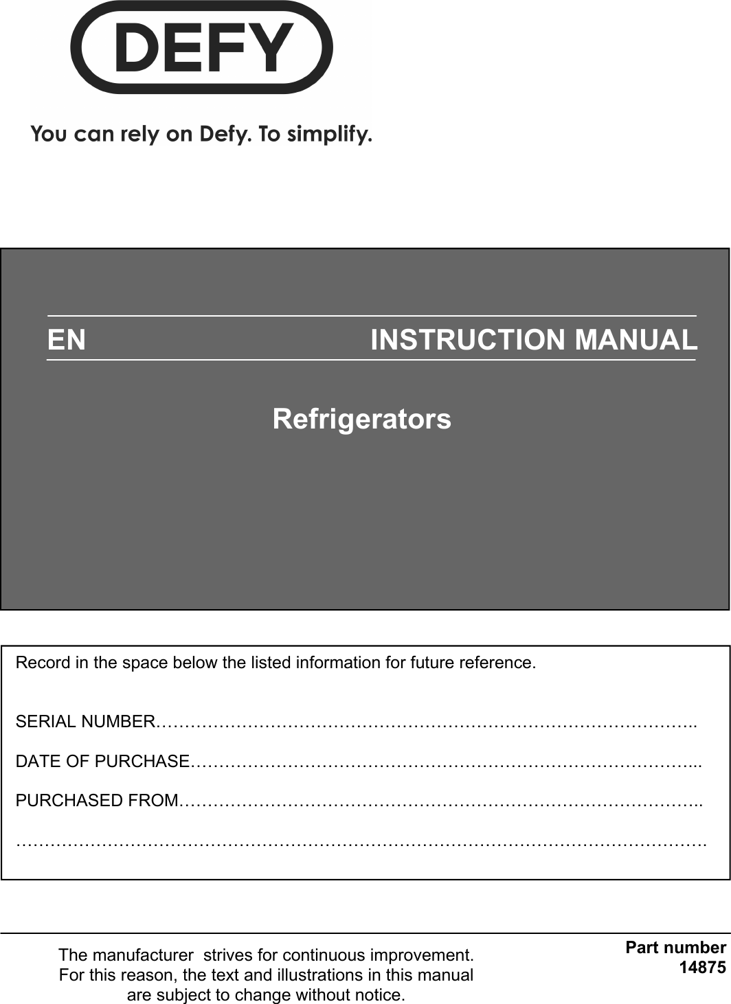 Defy Refrigerator 14875 Users Manual EZakheni Fridges 2012