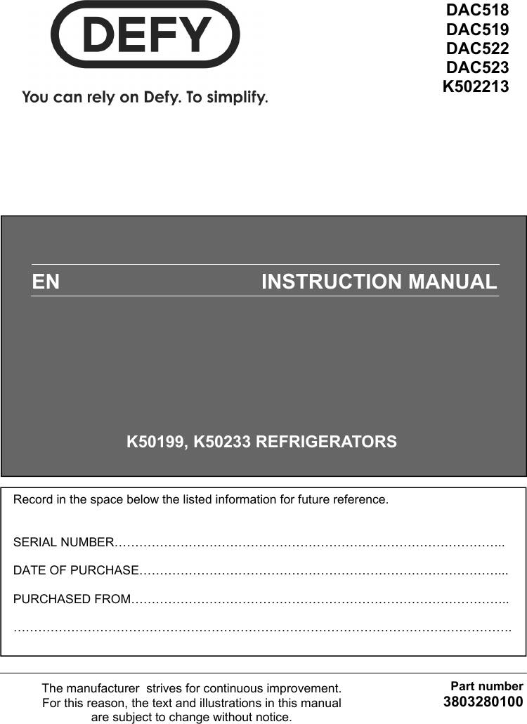 Defy Refrigerator K50199 Users Manual 3803280100 DAC518 DAC525