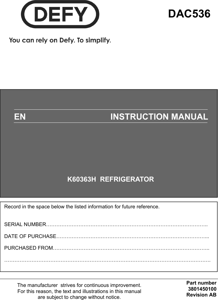 Defy Refrigerator K60363H Users Manual 3801450100 AB DAC536
