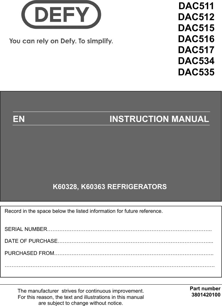 Defy Refrigerators K60328 Users Manual DAC511 512 515 516 517 534 535