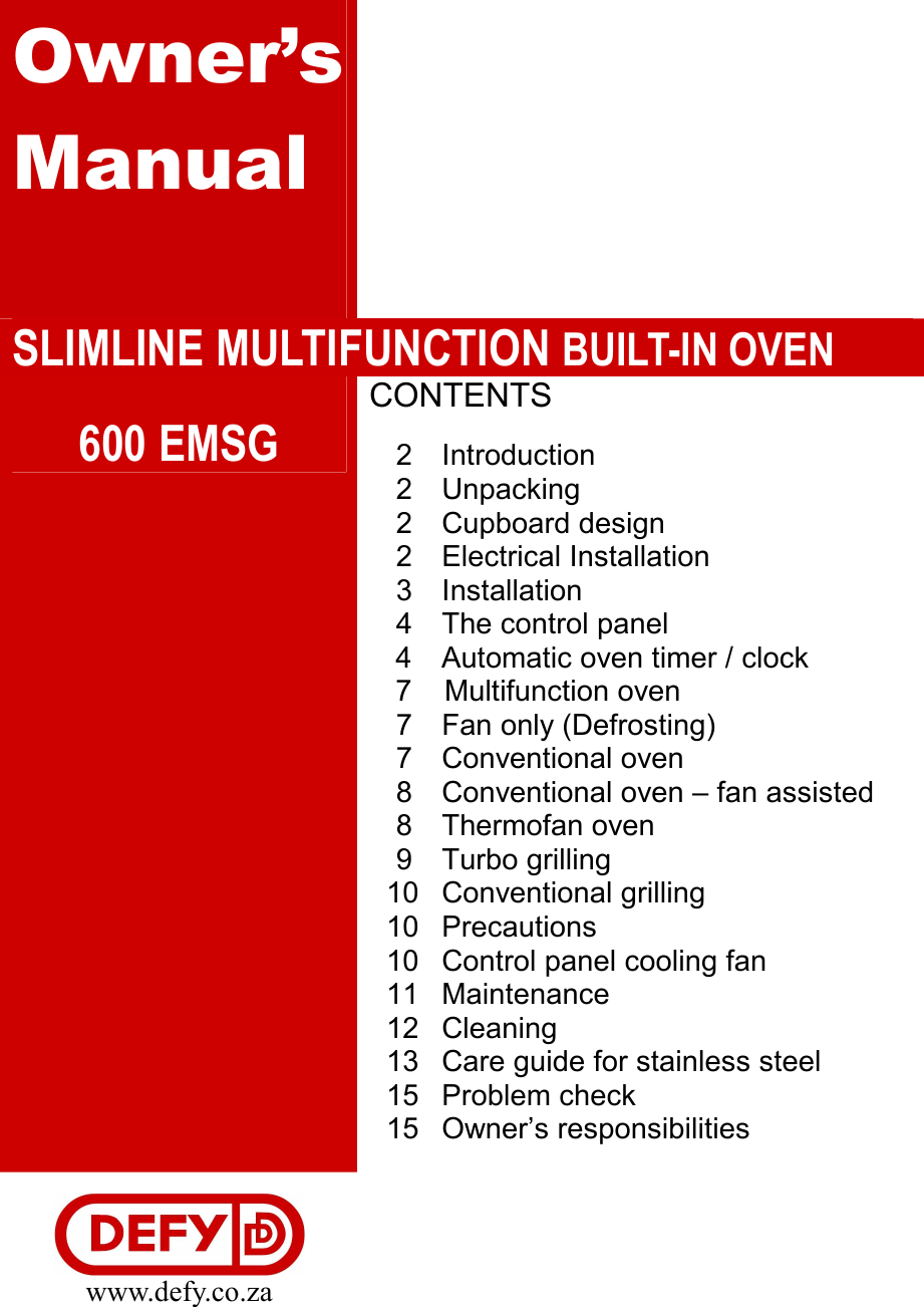 Defy Slimeline Multifunction Built In Oven Emsg Users Manual