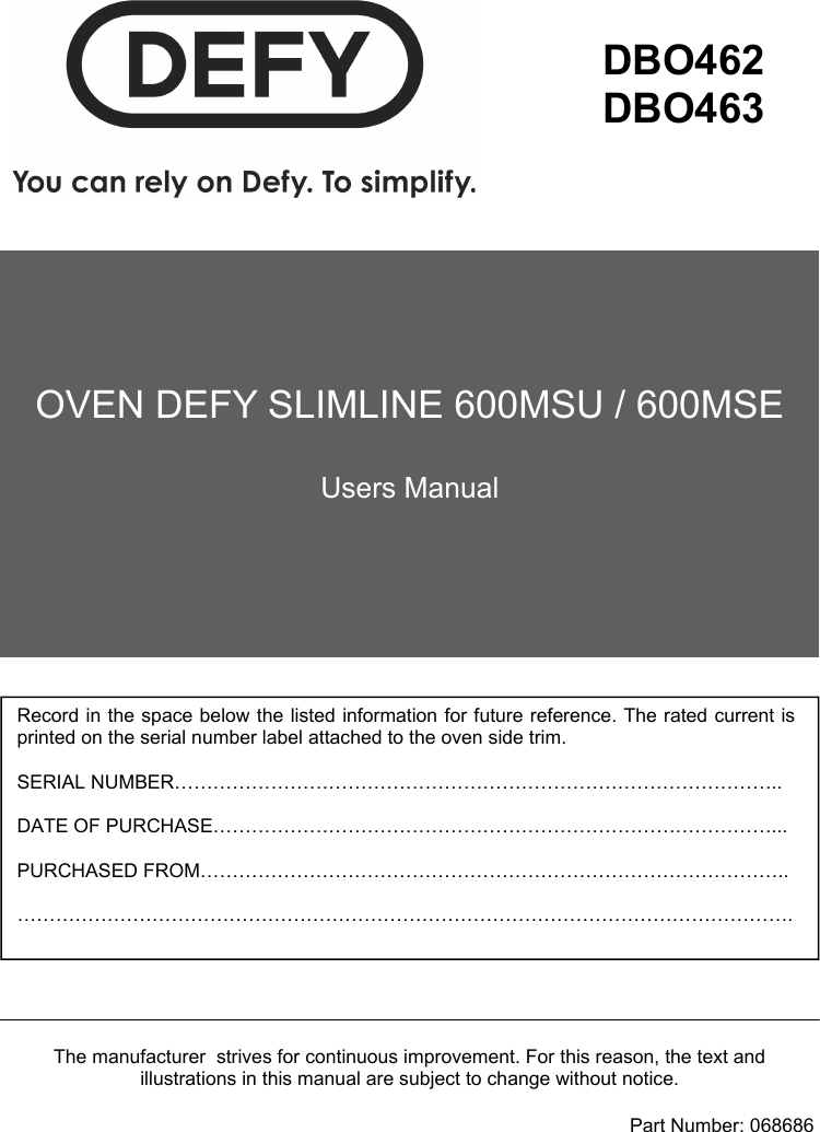 Defy Slimline 600Mse Users Manual 068686 DBO462 463 MSU MSE