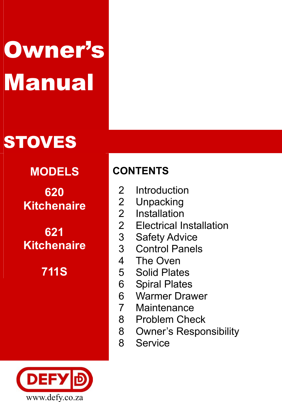 Page 1 of 8 - Defy Defy-Stoves-620-Users-Manual- CONTENTS  Defy-stoves-620-users-manual