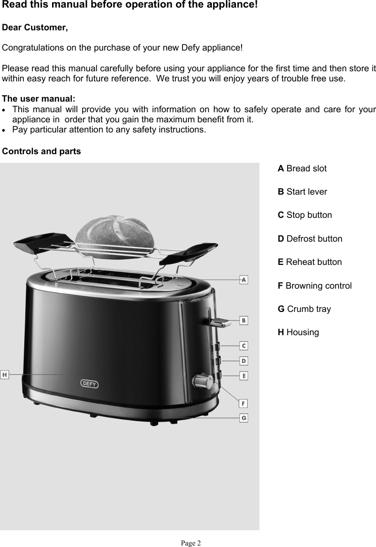 Defy Toaster Ta630 Users Manual
