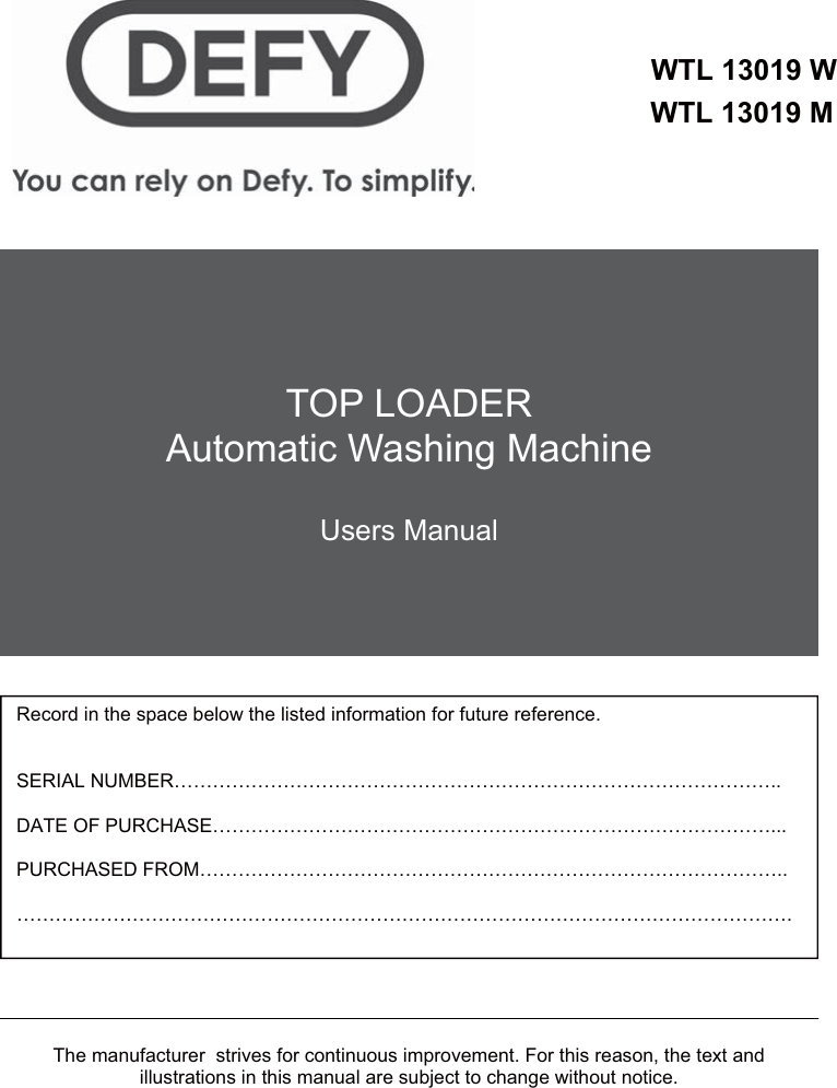 Defy Top Loader Automatic Washing Machine Wtl 13019M Users Manual 8019