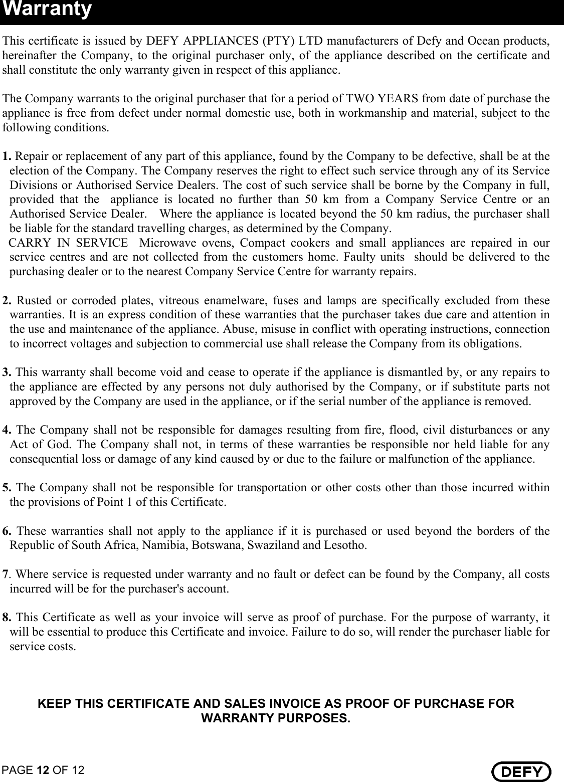 Page 12 of 12 - Defy Defy-Touch-Control-Ceran-Hob-Dhd-394-Users-Manual- 068471 TOUCH CONTROL CERAN HOB LOCAL  Defy-touch-control-ceran-hob-dhd-394-users-manual