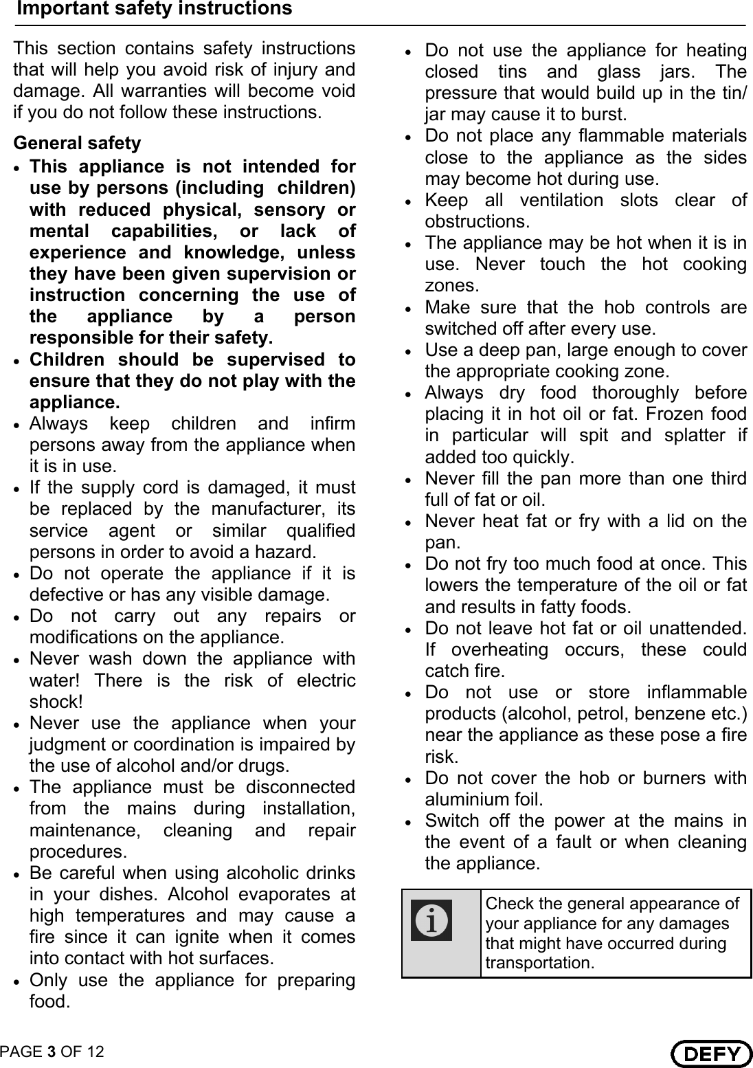 Page 3 of 12 - Defy Defy-Touch-Control-Ceran-Hob-Dhd-394-Users-Manual- 068471 TOUCH CONTROL CERAN HOB LOCAL  Defy-touch-control-ceran-hob-dhd-394-users-manual