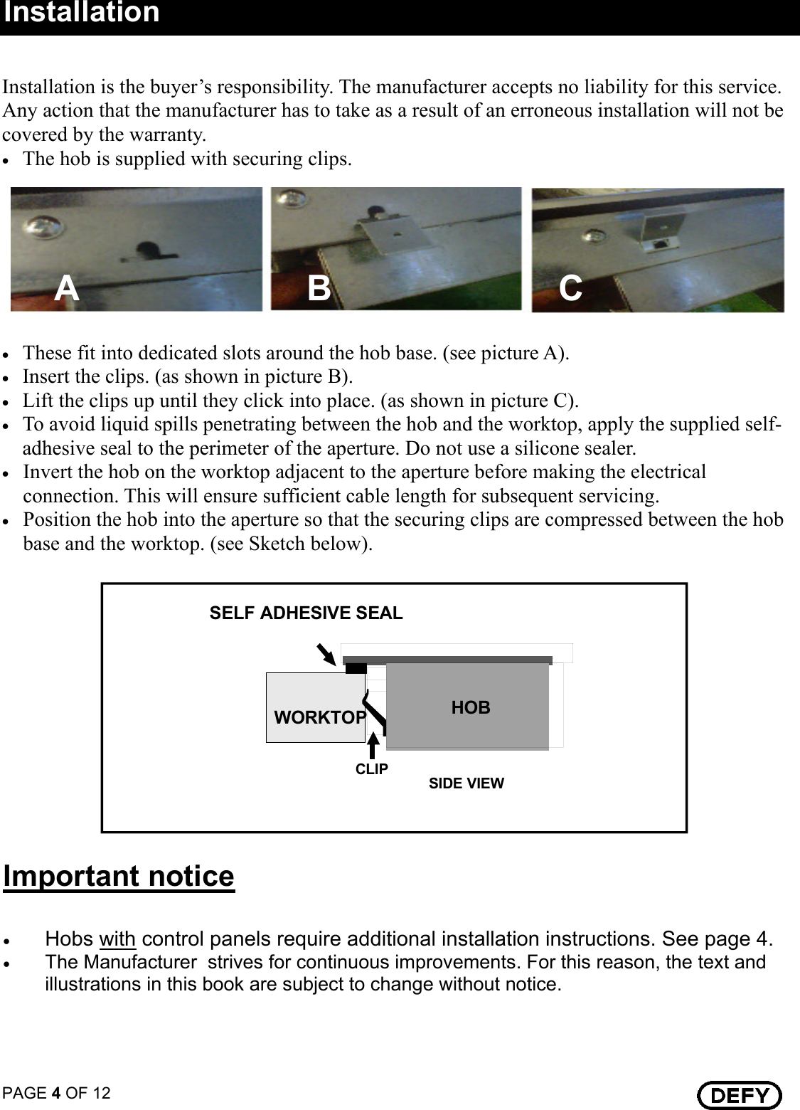 Page 4 of 12 - Defy Defy-Touch-Control-Ceran-Hob-Dhd-394-Users-Manual- 068471 TOUCH CONTROL CERAN HOB LOCAL  Defy-touch-control-ceran-hob-dhd-394-users-manual