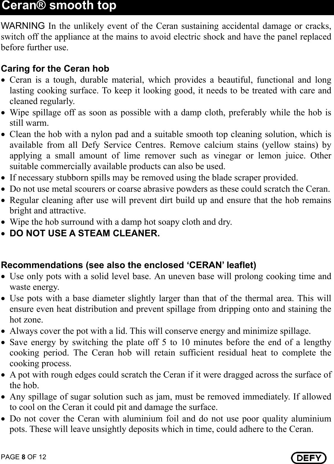 Page 8 of 12 - Defy Defy-Touch-Control-Ceran-Hob-Dhd-394-Users-Manual- 068471 TOUCH CONTROL CERAN HOB LOCAL  Defy-touch-control-ceran-hob-dhd-394-users-manual
