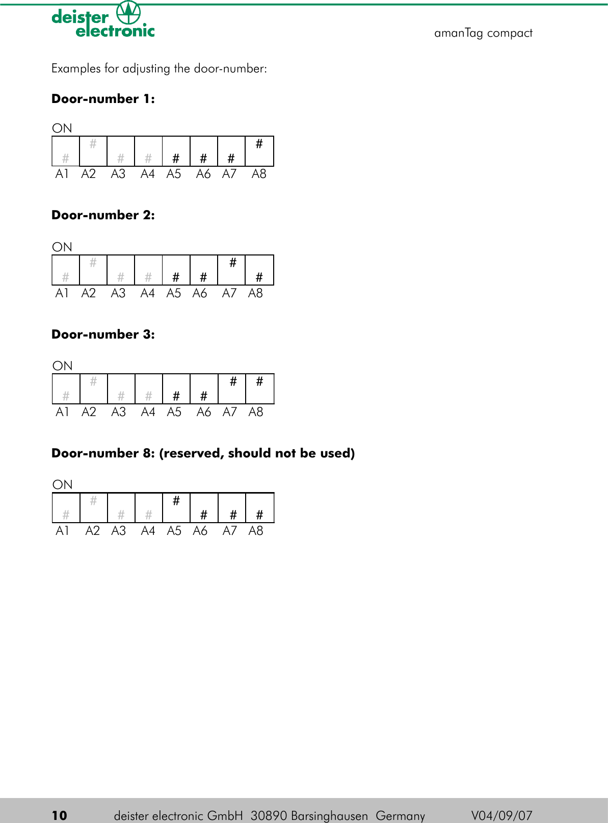 Examples for adjusting the door-number:Door-number 1:Door-number 2:Door-number 3:Door-number 8: (reserved, should not be used)10 deister electronic GmbH  30890 Barsinghausen  Germany  V04/09/07amanTag compactON######   # # A1   A2    A3    A4   A5    A6   A7   A8ON######## A1   A2    A3    A4   A5    A6   A7    A8ON######   # # A1   A2    A3    A4   A5   A6    A7   A8ON######      # # A1    A2   A3    A4   A5   A6    A7   A8