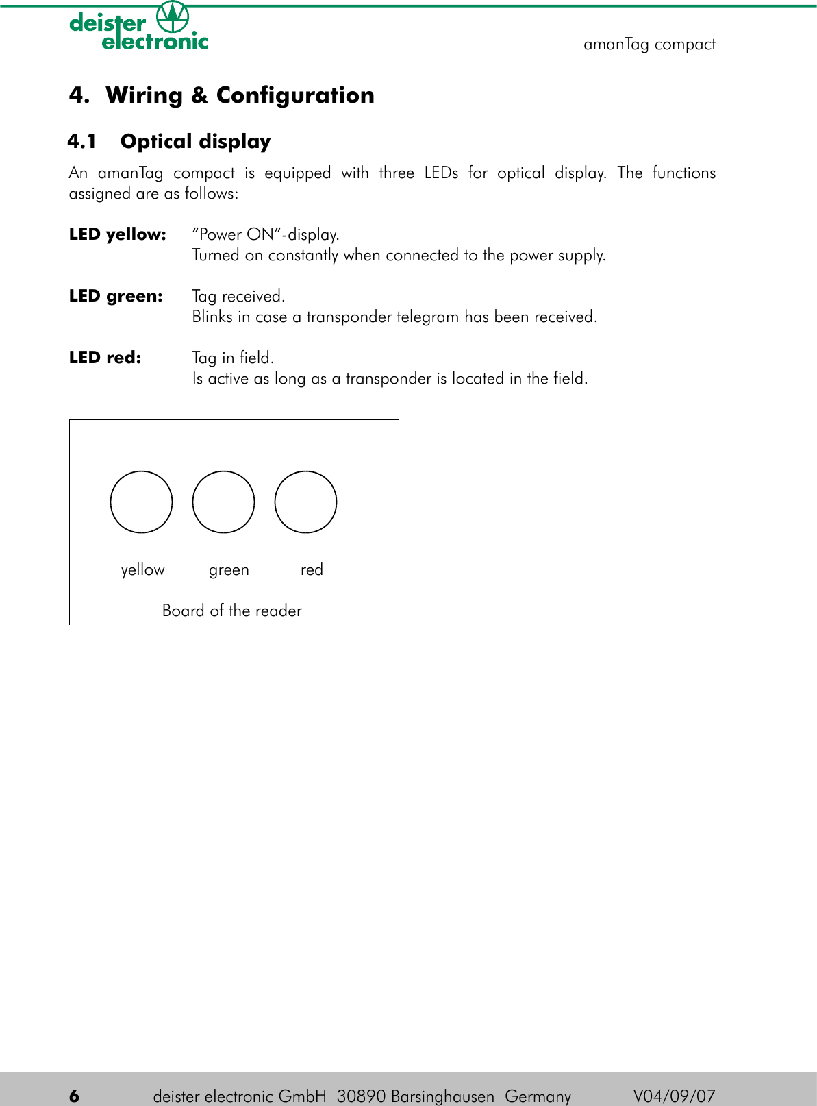 4. Wiring &amp; Configuration  4.1  Optical display An  amanTag  compact  is  equipped  with  three  LEDs  for  optical  display.  The  functions assigned are as follows:LED yellow: “Power ON”-display.Turned on const antly when connected to the power supply.LED green: Tag received.Blinks in case a transponder telegram has been received.LED red: Tag i n  fie ld.Is active as long as a transponder is located in the field.6deister electronic GmbH  30890 Barsinghausen  Germany  V04/09/07amanTag compactyellow green redBoard of the reader