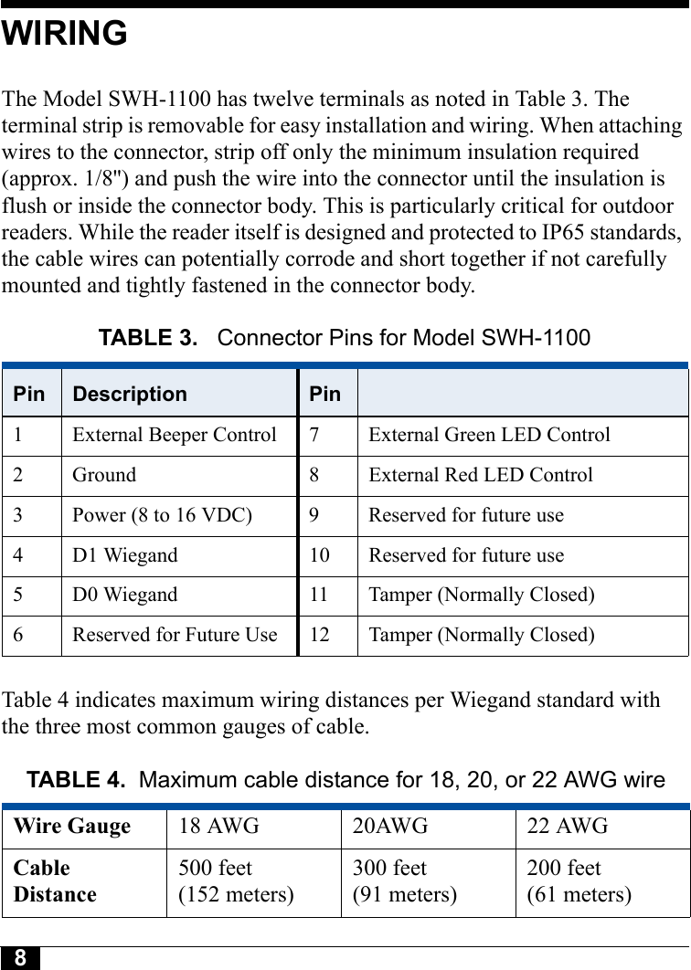 8WIRINGThe Model SWH-1100 has twelve terminals as noted in Table 3. The terminal strip is removable for easy installation and wiring. When attaching wires to the connector, strip off only the minimum insulation required (approx. 1/8&apos;&apos;) and push the wire into the connector until the insulation is flush or inside the connector body. This is particularly critical for outdoor readers. While the reader itself is designed and protected to IP65 standards, the cable wires can potentially corrode and short together if not carefully mounted and tightly fastened in the connector body.Table 4 indicates maximum wiring distances per Wiegand standard with the three most common gauges of cable.TABLE 3.  Connector Pins for Model SWH-1100Pin Description Pin1 External Beeper Control 7 External Green LED Control2 Ground 8 External Red LED Control3 Power (8 to 16 VDC) 9 Reserved for future use4 D1 Wiegand 10 Reserved for future use5 D0 Wiegand 11 Tamper (Normally Closed)6 Reserved for Future Use 12 Tamper (Normally Closed)TABLE 4. Maximum cable distance for 18, 20, or 22 AWG wireWire Gauge 18 AWG 20AWG 22 AWGCable Distance500 feet (152 meters)300 feet(91 meters)200 feet(61 meters)