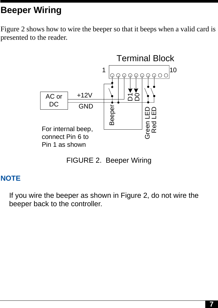 7Beeper WiringFigure 2 shows how to wire the beeper so that it beeps when a valid card is presented to the reader. FIGURE 2. Beeper WiringNOTEIf you wire the beeper as shown in Figure 2, do not wire the beeper back to the controller. Terminal Block110AC or DCRed LEDGreen LED+12VGNDBeeperD1D0For internal beep, connect Pin 6 to Pin 1 as shown