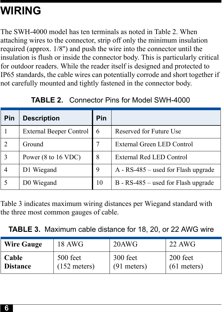6WIRINGThe SWH-4000 model has ten terminals as noted in Table 2. When attaching wires to the connector, strip off only the minimum insulation required (approx. 1/8&apos;&apos;) and push the wire into the connector until the insulation is flush or inside the connector body. This is particularly critical for outdoor readers. While the reader itself is designed and protected to IP65 standards, the cable wires can potentially corrode and short together if not carefully mounted and tightly fastened in the connector body.Table 3 indicates maximum wiring distances per Wiegand standard with the three most common gauges of cable.TABLE 2.  Connector Pins for Model SWH-4000Pin Description Pin1 External Beeper Control 6 Reserved for Future Use2 Ground 7 External Green LED Control3 Power (8 to 16 VDC) 8 External Red LED Control4 D1 Wiegand 9 A - RS-485 – used for Flash upgrade5 D0 Wiegand 10 B - RS-485 – used for Flash upgradeTABLE 3. Maximum cable distance for 18, 20, or 22 AWG wireWire Gauge 18 AWG 20AWG 22 AWGCable Distance500 feet (152 meters)300 feet(91 meters)200 feet(61 meters)