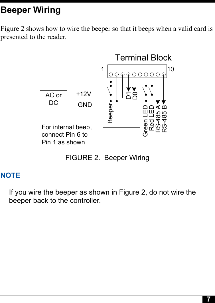 7Beeper WiringFigure 2 shows how to wire the beeper so that it beeps when a valid card is presented to the reader. FIGURE 2. Beeper WiringNOTEIf you wire the beeper as shown in Figure 2, do not wire the beeper back to the controller. Terminal Block110AC or DCRS-485 BRS-485 ARed LEDGreen LED+12VGNDBeeperD1D0For internal beep, connect Pin 6 to Pin 1 as shown