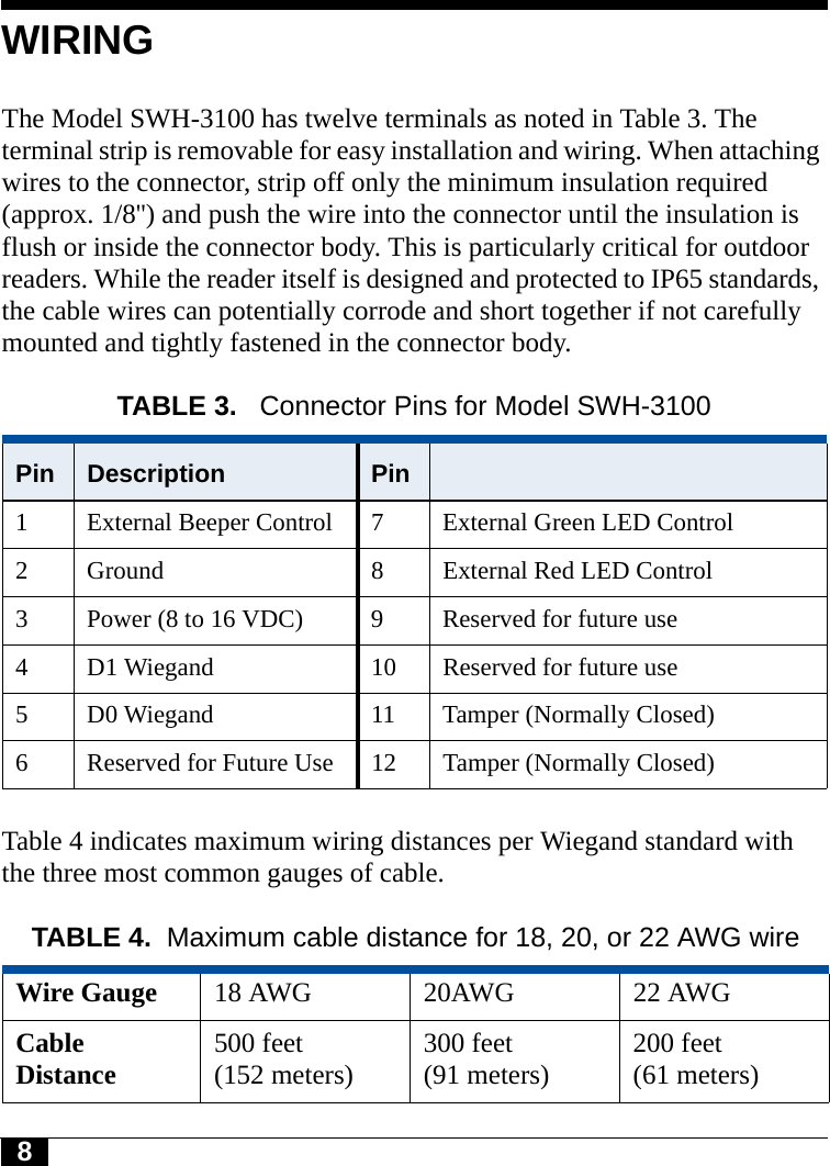 8WIRINGThe Model SWH-3100 has twelve terminals as noted in Table 3. The terminal strip is removable for easy installation and wiring. When attaching wires to the connector, strip off only the minimum insulation required (approx. 1/8&apos;&apos;) and push the wire into the connector until the insulation is flush or inside the connector body. This is particularly critical for outdoor readers. While the reader itself is designed and protected to IP65 standards, the cable wires can potentially corrode and short together if not carefully mounted and tightly fastened in the connector body.Table 4 indicates maximum wiring distances per Wiegand standard with the three most common gauges of cable.TABLE 3.  Connector Pins for Model SWH-3100Pin Description Pin1 External Beeper Control 7 External Green LED Control2 Ground 8 External Red LED Control3 Power (8 to 16 VDC) 9 Reserved for future use4 D1 Wiegand 10 Reserved for future use5 D0 Wiegand 11 Tamper (Normally Closed)6 Reserved for Future Use 12 Tamper (Normally Closed)TABLE 4. Maximum cable distance for 18, 20, or 22 AWG wireWire Gauge 18 AWG 20AWG 22 AWGCable Distance 500 feet (152 meters) 300 feet(91 meters) 200 feet(61 meters)